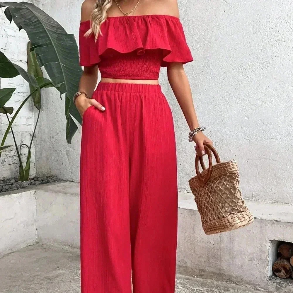 Red Boho Womens Off Shoulder Ruffle Trim Top & Wide Leg Pants